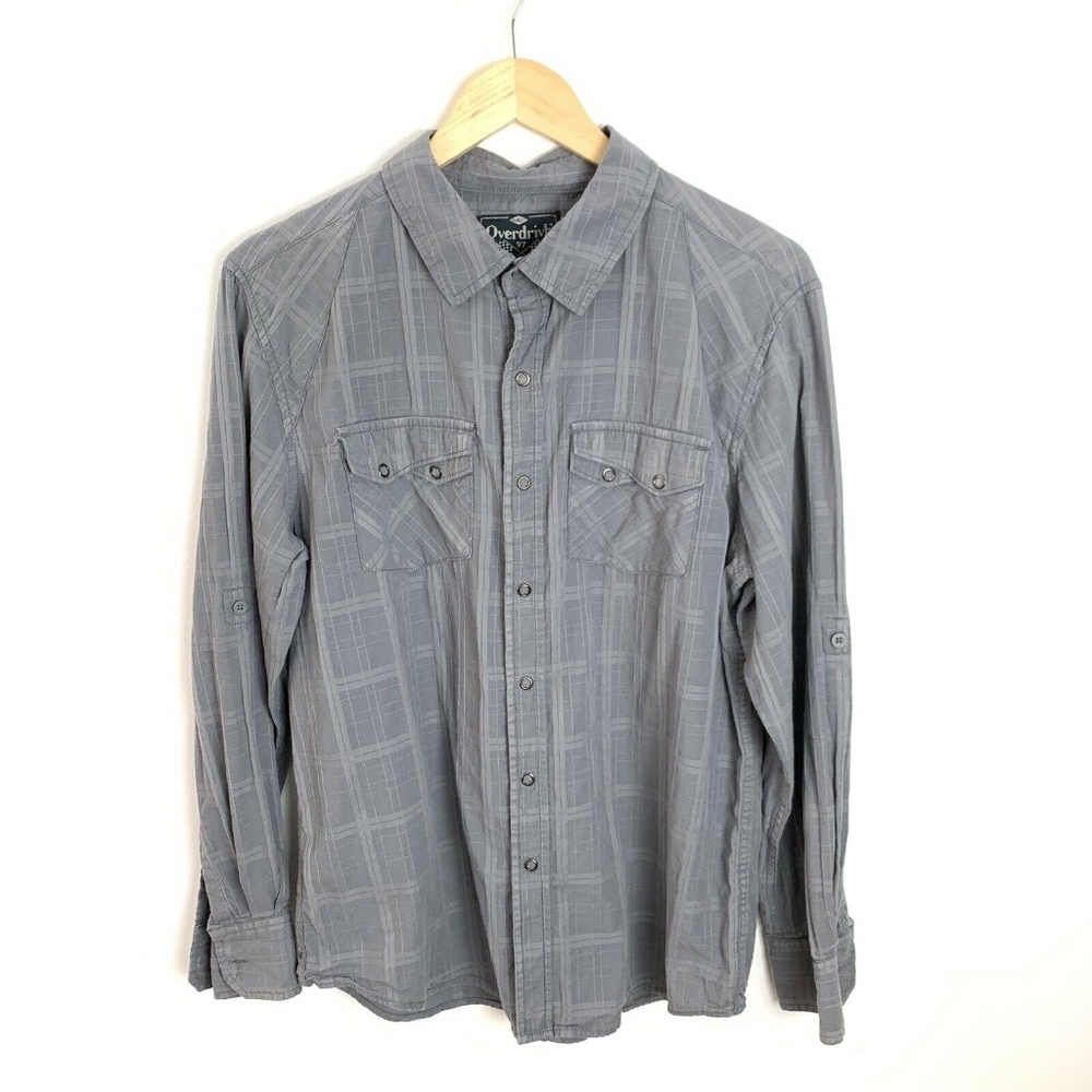 Overdrive Mens Size M Grey Textured Plaid Snap Up